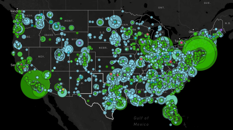 Map plotting antisemitic incidents throughout the U.S.